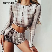 Snake Printed Ruched Two Piece Set Women Long Sleeve Round T-shirt And Biker Shorts Suit Woman Ruffled
